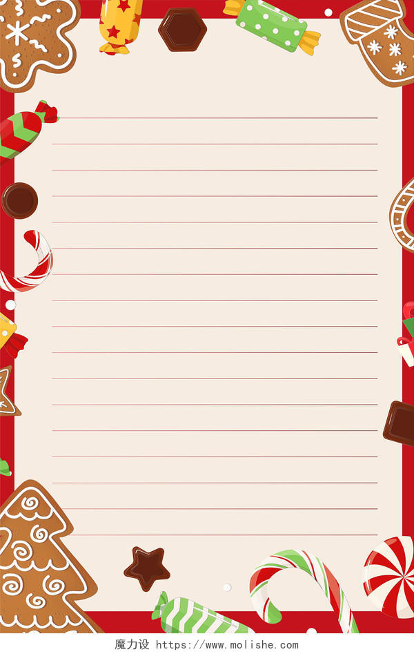 红色卡通姜饼人拐杖圣诞节平安夜信纸背景
